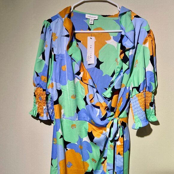 NWT TOPSHOP ASOS Retro Floral Wrap Dress Sz 14 - Picture 2 of 6